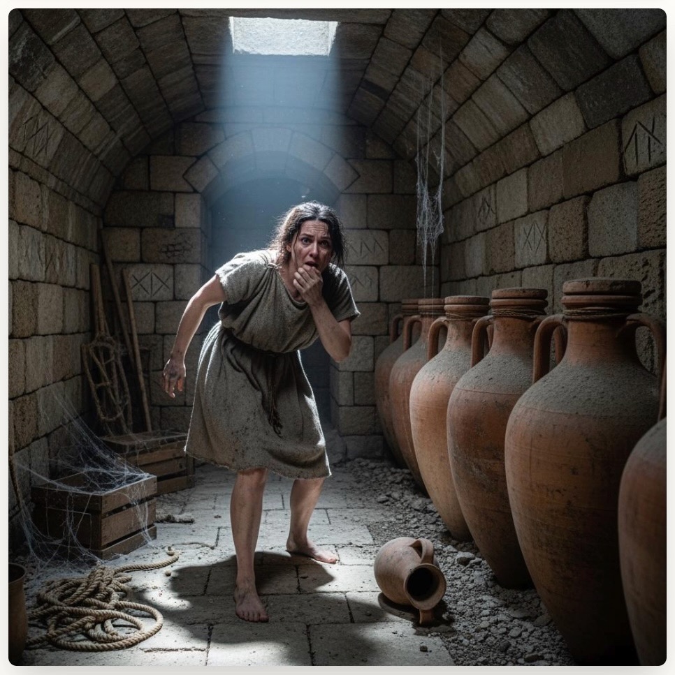 Shocked figure in an ancient storeroom with amphorae